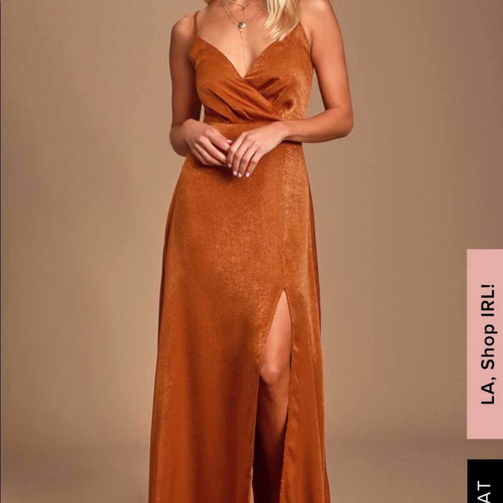 lulus constantine rust orange satin maxi dress ca